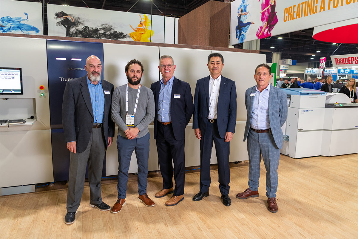 From left: Regional Sales Manager Cary Ross, SCREEN Americas; Vice President Nick DeBlasio, JD Graphic; President Ken Ingram, SCREEN Americas; Executive Officer Business Development and R&D Yoshinari Otani, SCREEN Graphic Solutions; High-Speed Inkjet Solutions Engineer Pete Georges, SCREEN Americas